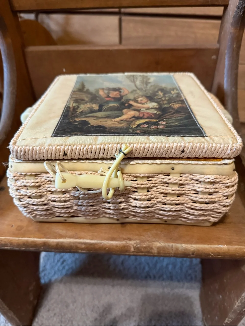 Woven Straw Sewing Basket with Cream Scenic Fabric Top